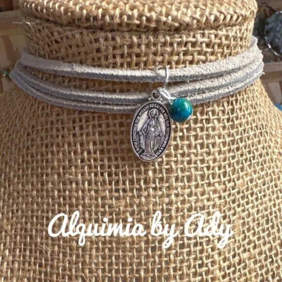 Alquimia Jewelry - Virgin Mary and turquoise leather choker necklace